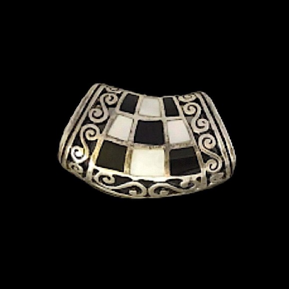 Vintage Onyx Mother Of Pearl Sterling Silver 925 Mosaic Inlay Slider Pendant
